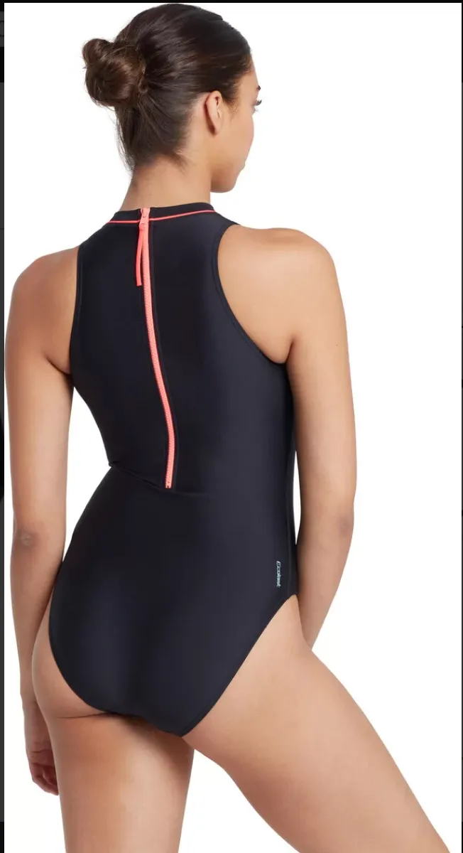 WOMEN'S CABLE ZIPPED HIGHNECK SWIMSUIT